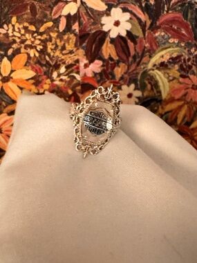 Rare Vintage Harley-Davidson Silver Filigree Emblem Ring with Black Logo
